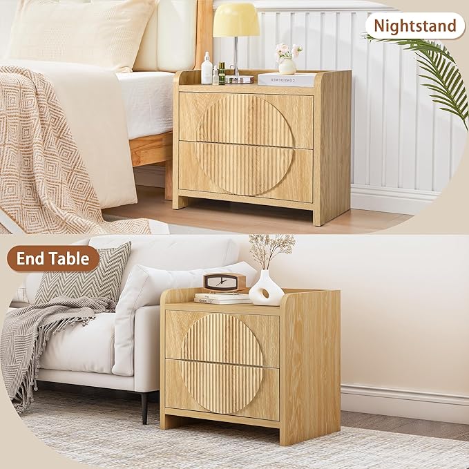 Turtle&Myrtle 24 Inch Wide Fluted Nightstands, Large Night Stand with 2 Drawers, Mid Century Modern Bedside Table End Table with Storage for Bedroom Living Room Office (Natural)