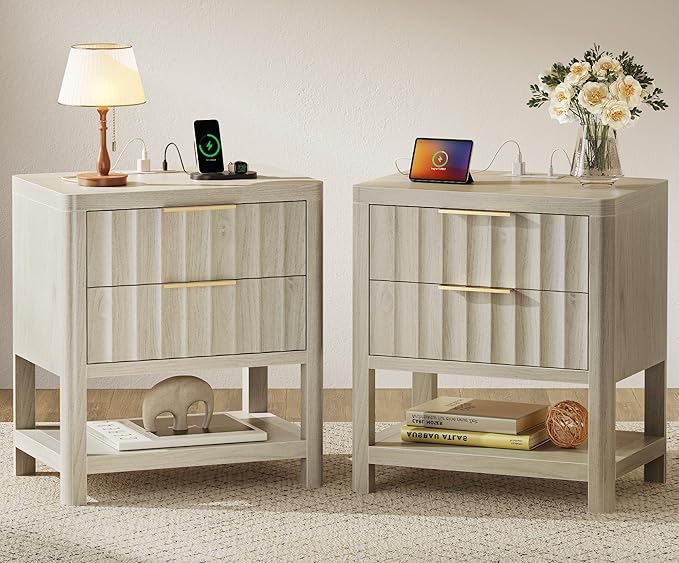 Huuger 27.6 Inch Tall Night Stands with Charger Station, USB-C Port, Fluted Nightstand Set of 2, Larger Wider Bed Side Table with 2 Deep Drawers, Open Shelf, Bedroom Living Room End Table, Grey