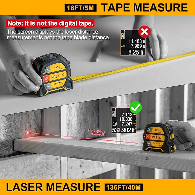 PREXISO 2-in-1 Laser Tape Measure, 135Ft Rechargeable Measurement Tool & 16Ft Measuring Movable Magnetic Hook - Pythagorean, Area, Volume, Ft/Ft+in/in/M Unit NOT Digital