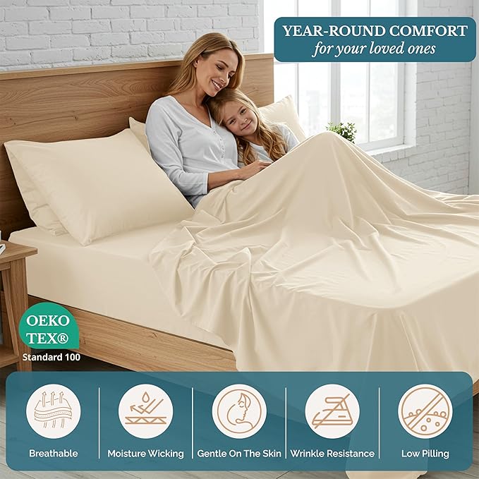 Casa Platino California King Size Bed Set, Cozy California King Sheet, Soft Deep California King Sheet Sets, Pre-Washed Bed Set California King Size, California King Bed Sheet Set Deep Pockets - Ivory