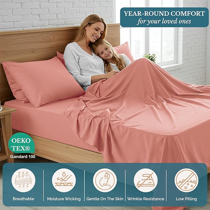 Casa Platino Bedding Sheets & Pillowcases, Pre-Washed Ultra Soft & Breathable Full Size Sheets, Brushed Microfiber Sheet Set, Fade Resistant Full Size Sheets Set with Deep Pockets - Rose Dawn