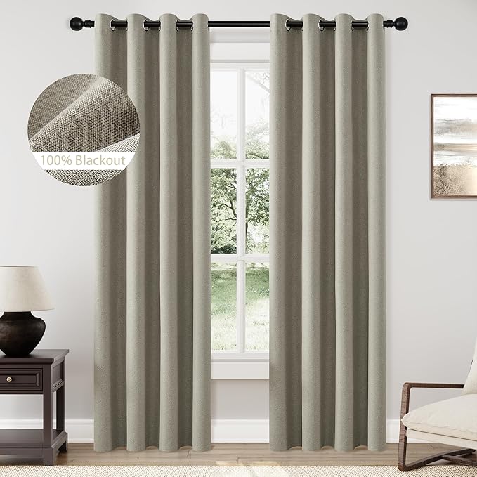 ChrisDowa 100% Blackout Sand Solid Curtains 84 Inches Long 2 Panels for Bedroom Living Room,Farmhouse Room Darkening Thermal Insulated Soundproof Grommet Top Window Treatment Drapes,52x84