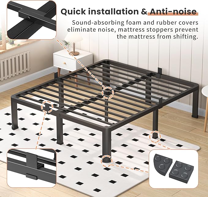 14 Inch Twin XL Heavy Duty 3500 lbs Bed Frame with Round-Corner Legs & Anti-Squeak Design – Quick Assembly Metal Platform, No Box Spring Needed