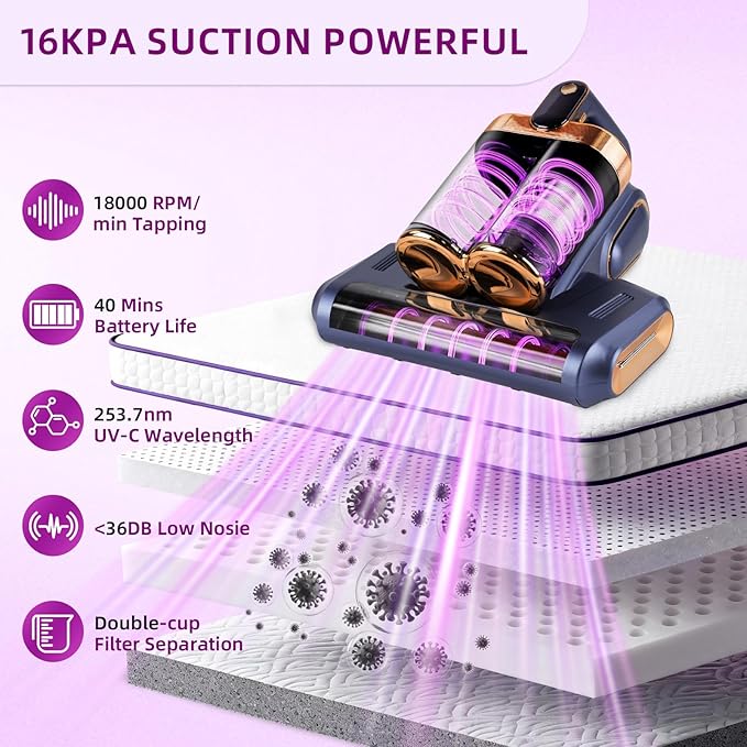 BESTING Mattress Vacuum Cordless with 16Kpa Suction & HEPA Dust Cups, 253.7nm UV-C Light & Ultrasonic, Low Noise Widened Suction Port Handheld Vacuum for Bed Pillows Couch Car Seat Rugs, Deep Blue