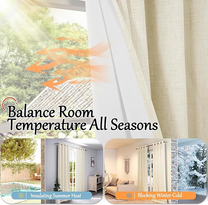 Cream 100% Blackout Curtains for Bedroom 63 Inch Length 2 Panels, Thermal Insulated Complete Light Blocking Noise Reducing Linen Window Curtains for Nursery, Bronze Grommet, Each 52" Wide