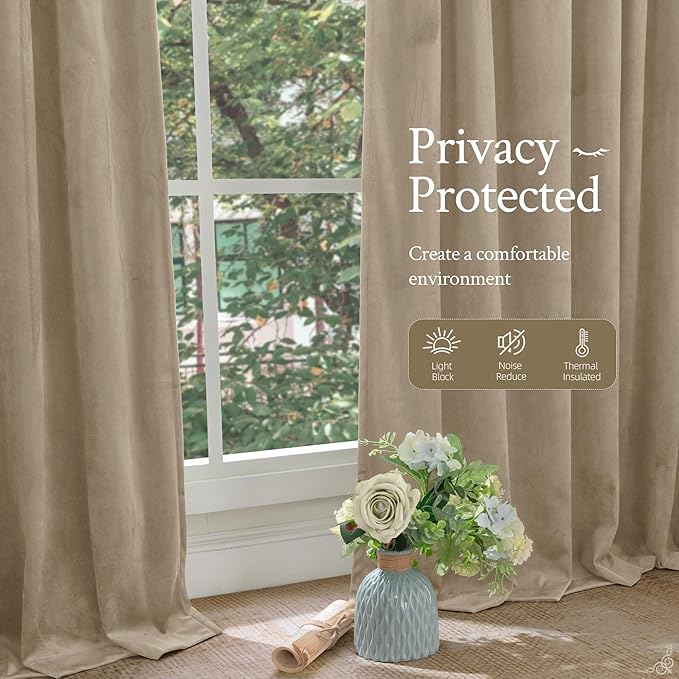 LAMIT Taupe 90 Inch Velvet Curtains for Living Room, Thick Thermal Insulated Room Darkening Drapes Super Soft Elegant Back Tab and Rod Pocket Panels for Sliding Glass Door, 2 Panels, 52 x 90 Inch