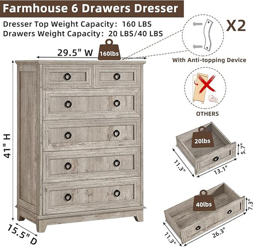 6 Drawer Dressers & Chest of Drawers, 41" Tall Small Dresser for Bedroom, Farmhouse Vintage Oak Dresser with Metal Handle, Storage Organizer Closet for Living Room Entryway Hallway