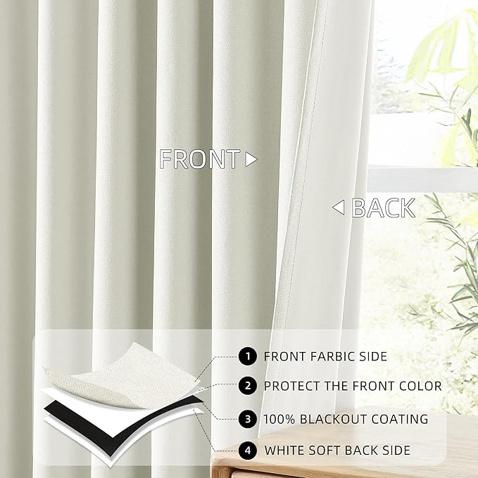 ChrisDowa 100% Blackout Iovry Solid Curtains 72 Inches Long 2 Panels for Bedroom Living Room,Farmhouse Room Darkening Thermal Insulated Soundproof Grommet Top Window Treatment Drapes,52x72