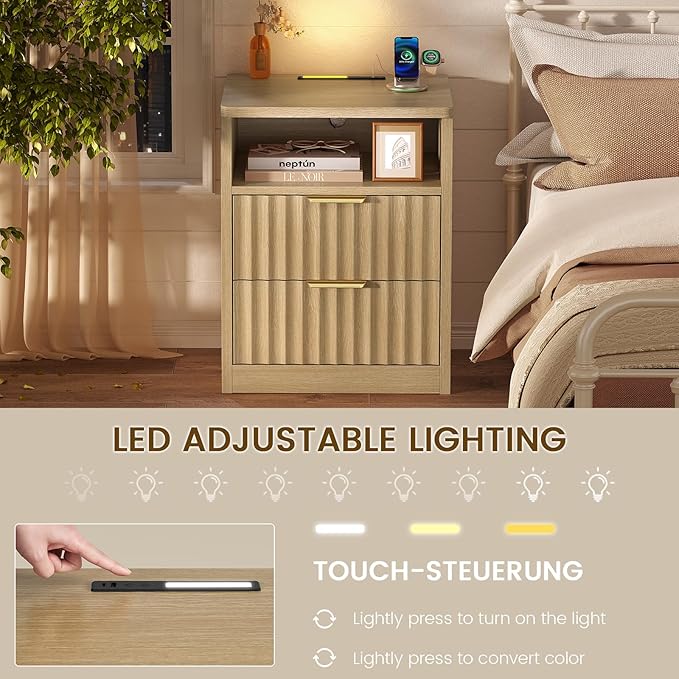 TEENFON Fluted Night Stand, Nighstand with Charging Station and LED Light, Modern Bed Side Table for Small Space, Storage Drawer and Open Shelf, for Bedroom, Natural