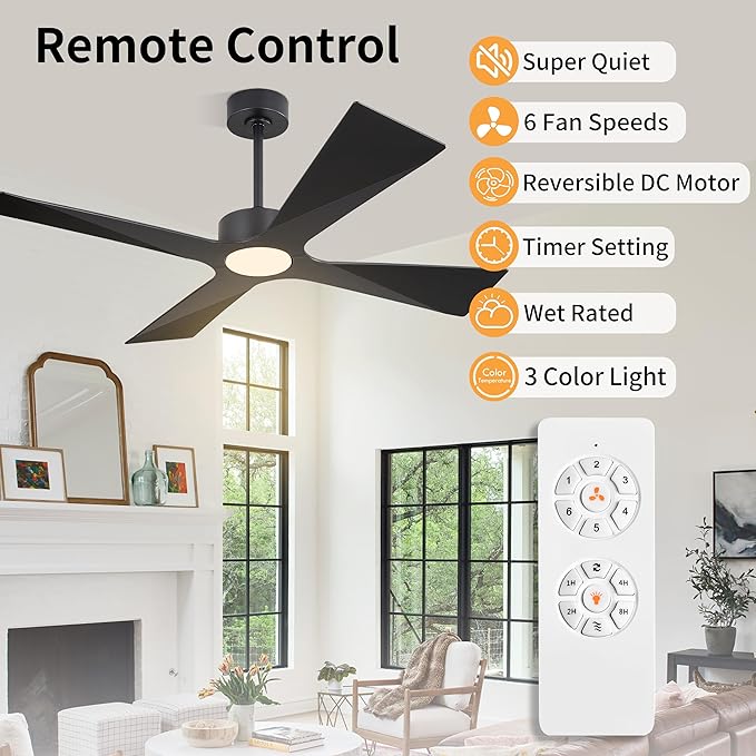 WINGBO 64" Wet Rated Outdoor Ceiling Fan with Lights, 4 ABS Plastic Blades, Reversible DC Motor, 6-Speed Remote Control, 3 CCT, Waterproof Ceiling Fan for Patio Porch Gazebo Garage, Matte Black