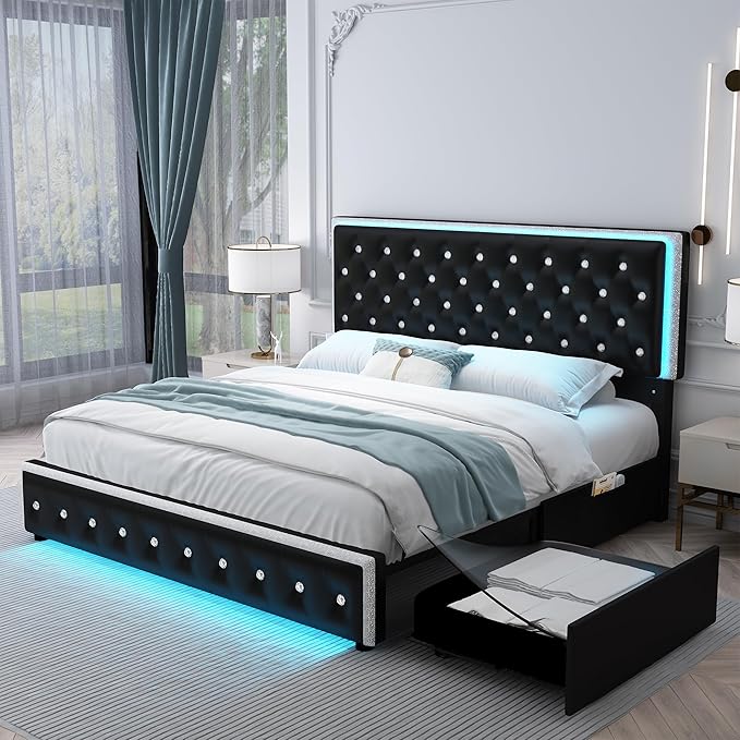 Queen LED Bed Frame with 2 Drawers, Storage Platform Beds with Upholstered Crystal Button Tufted Headboard Footboard, 2 Side Pockets, No Box Spring Needed, PU Black