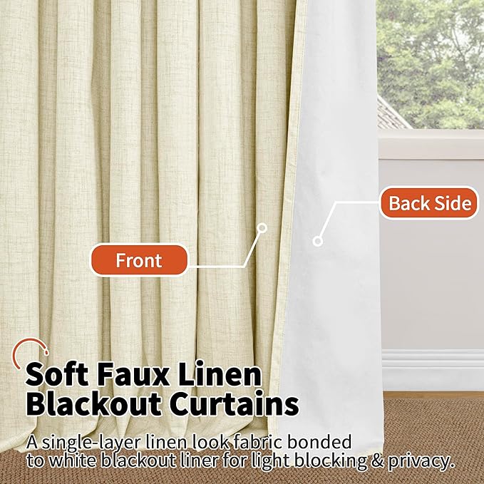 60 Inch Wide Linen Blackout Curtains for Bedroom 63 Inch Length 2 Panels, Total Black Out Thermal Insulated Energy Efficiency Grommet Boho Window Drapes White Liner for Modern Farmhouse, Cream