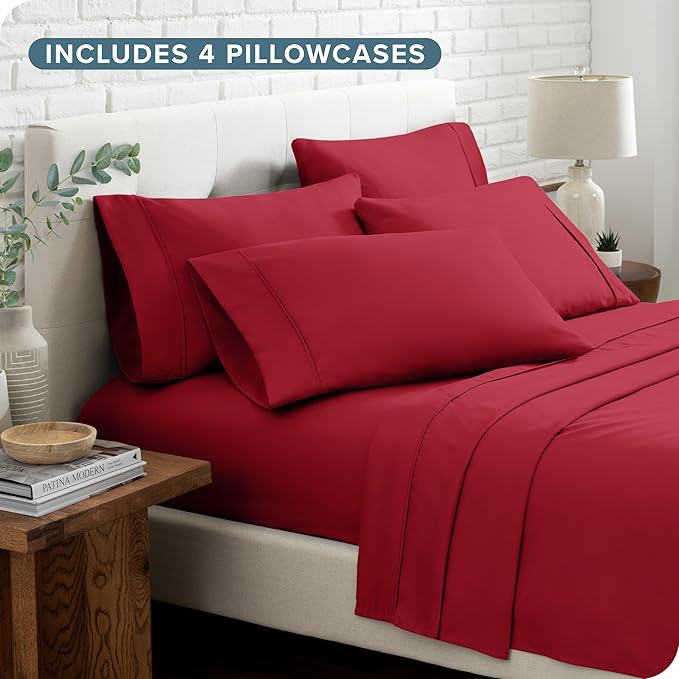 Bare Home Hotel Luxury Full XL Sheet Set, Extra Soft - 6 Piece Set - Deep Pockets - Easy Fit - Cooling & Breathable - Wrinkle, Fade, Stain Resistant - Includes 4 Pillowcases (Full XL, Red)
