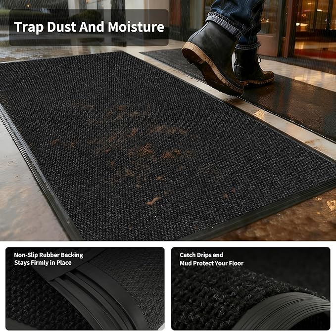 3ft x 17ft Front Door Mat Indoor Outdoor Entrance, Commercial Heavy Duty Entryway Matt, Non-Slip Rubber Backing Low Profile Doormat, Waterproof Dirt Trapper Welcome Mat for High Traffic Area