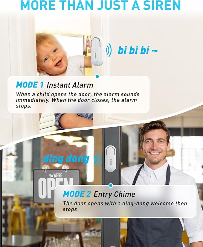 Sanjie Pool Door Alarms for Kids Safety/Home Security/Dementia,Wireless Door Alarms When Opened,Window Alarm sensors,0-120dB Volume Adjustable,4 Working Modes,2 Sensors 1 Remote Control