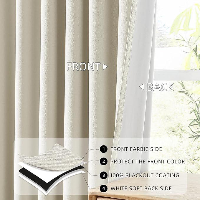 ChrisDowa 100% Blackout Birch Solid Curtains 108 Inches Long 2 Panels for Bedroom Living Room,Farmhouse Room Darkening Thermal Insulated Soundproof Grommet Top Window Treatment Drapes,52x108