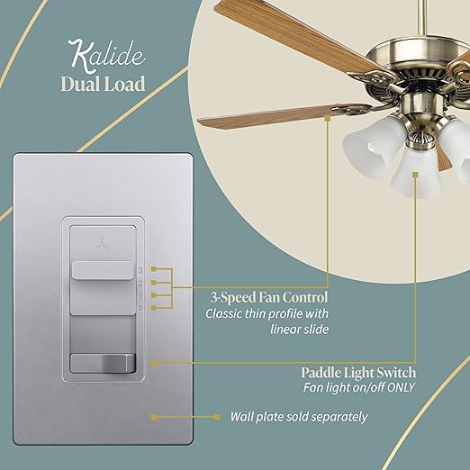 TOPGREENER Kalide Light Switch and 3-Speed Ceiling Fan Control Combo, in Wall Light and Fan Combination Switch, Single Pole, 2.5A, 720W, Neutral Wire Not Required, TGSFS3-SV, Silver