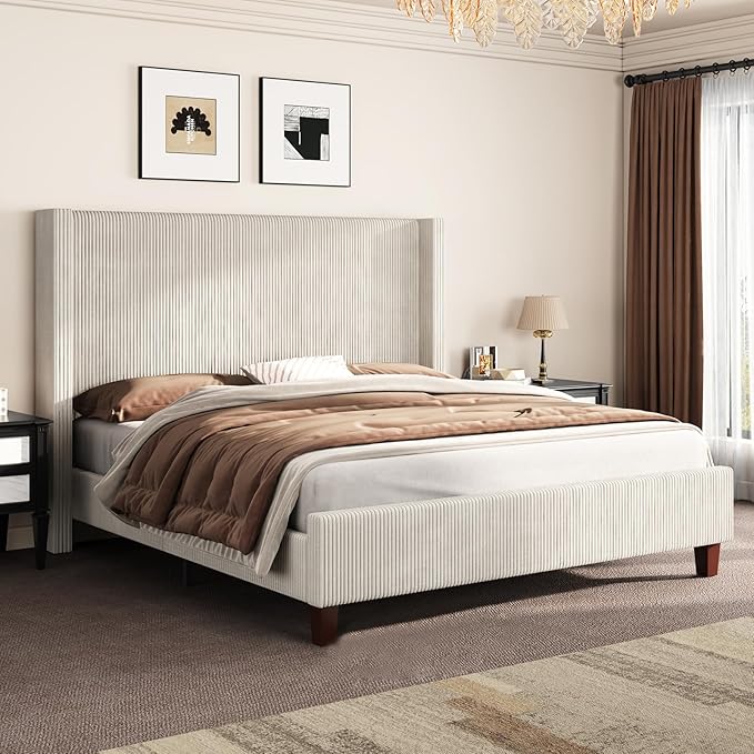 AMERLIFE King Size Upholstered Bed Frame with 50.8" Tall Headboard, Wingback Platform Bed with Solid Wood Legs, Wooden Slats, Corduroy/No Box Spring Needed/Noise Free/Cream