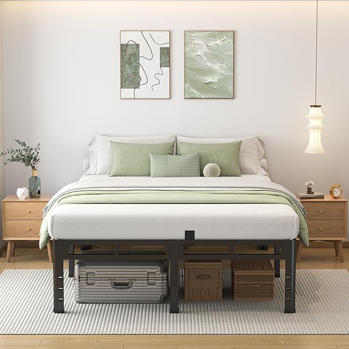 NKZ Queen Size Bed Frame 16 Inch, Metal Bed Frame & Box Spring 2 in 1 Platform with Round Corner Legs, 4000lbs Weight Capacity Reinforced Metal Frame, Headboard Hole, Noise-Free, Easy Assembly