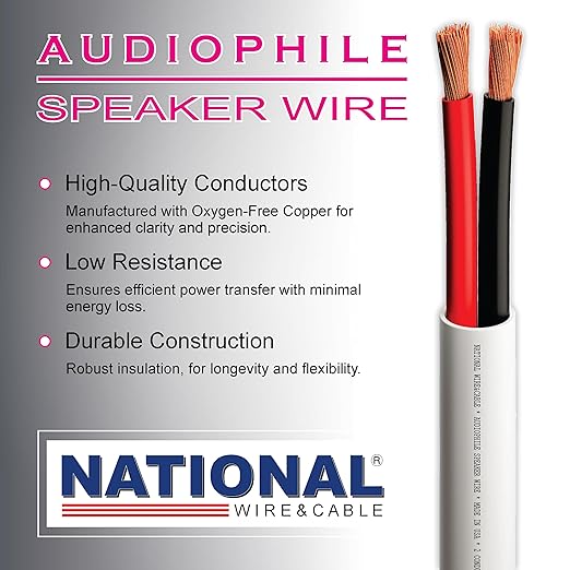 NATIONAL Wire&Cable - 14/2 Audiophile Speaker Wire (500 Feet) 14AWG Gauge - Made in USA - in Wall Audio Speaker Wire Cable/CL Rated/ETL Listed / 2 Conductors - OFC Oxygen-Free Copper, White 500ft