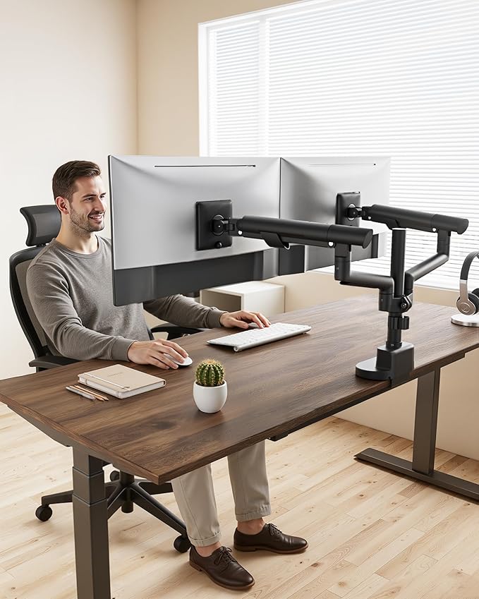 monTEK Dual Monitor Stand with USB Up to 35" Screens,Tall Post Mounted Monitor Arm holds Max 24.3lbs Per Screen, Full Motion Adjustable Arm Desk Mount with C-Clamp/Grommet,VESA 75/100mm, MA1010UCPBK-D