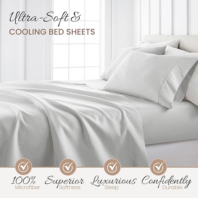 Linen Market Double-Brushed Patterned Microfiber Twin XL Sheet Set 3 Piece – Oeko-TEX Certified Ultra Soft & Wrinkle-Free - 16" Deep Pocket Sheets - Easy Care Twin XL Size - Honeycomb Light Gray