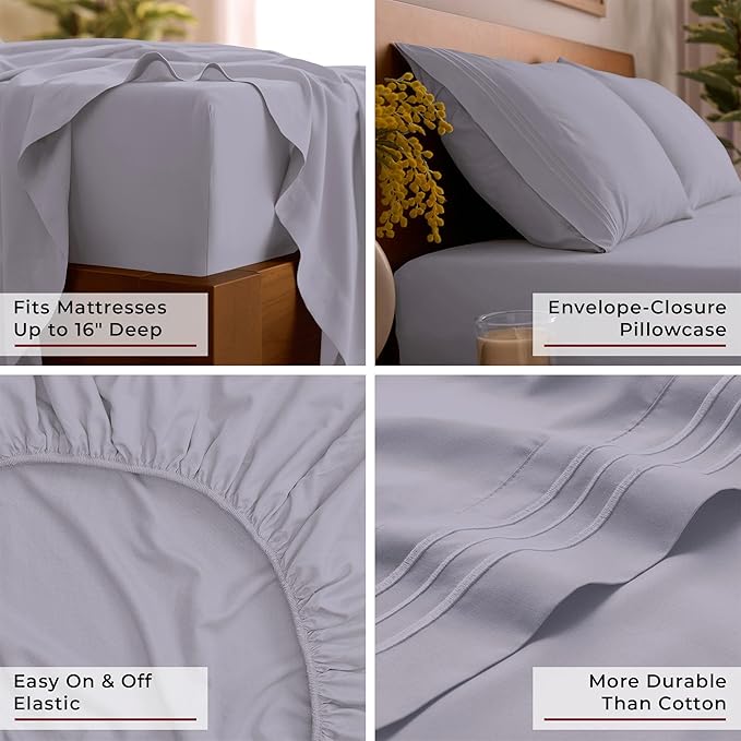 Mellanni Split King Sheet Set - 7-Piece Iconic Collection Bedding, (Including 4 Pillowcases), 16-Inch Deep Pocket, Easy Care, Extra Soft, Cooling Sheets, Brushed Microfiber - Lavender
