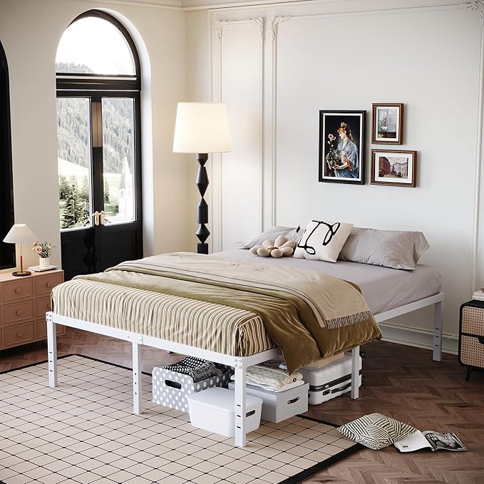18 Inch White Full Size Bed Frame Heavy Duty Metal Platform No Box Spring Needed, Maximum Storage, Easy Assembly, Noise Free