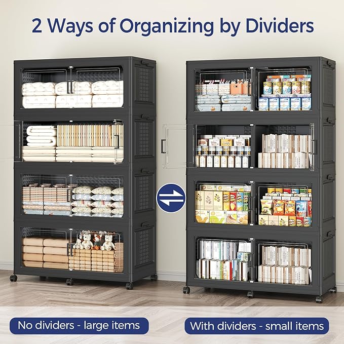480 QT Extra Large Stackable Storage Bins with Lid, 120 Gal Collapsible Storage Box with Wheels, Folding Closet Organizers and Storage Cabinet with Doors for Home, Kitchen, Office, 3Pack Black
