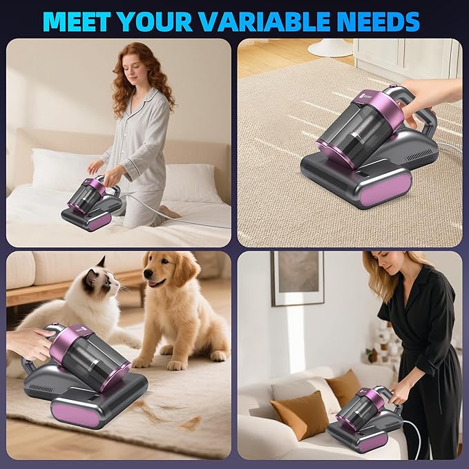 Beroya Mattress Vacuum Cleaner UVC 253.7nm Light with 16Kpa Strong Suction, 145°F Heat, Ultrasonic, HEPA Filter, Versatile Bed, Pillow and Couch Vacuum Cleaner (16.4ft Corded, 500W)