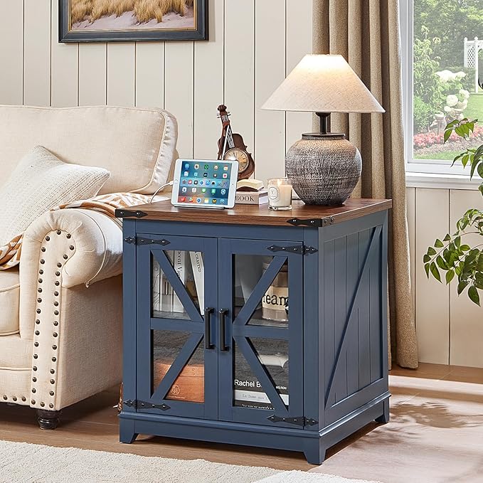 Farmhouse End Table Set 3, Narrow 18'' Night Stand with Glass Barn Door, 24" Square Side Table with Charger Station, Living Room Furniture Sets, Wood Nightstand Bedside Tables for Bedroom