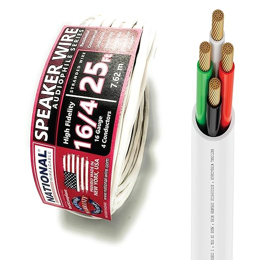 NATIONAL Wire&Cable - 16/4 Audiophile Speaker Wire (25 Feet) 16AWG Gauge - Made in USA - in Wall Audio Speaker Wire Cable/CL Rated/ETL Listed / 2 Conductors - OFC Oxygen-Free Copper, White 25ft