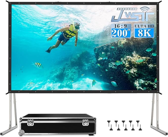 JWSIT 200 inch Projector Screen with Stand,Upgraded 3 Layers PVC 16:9 Large Outdoor Projector Screen,Portable Outdoor Movie Screen with Carrying Bag for Large Commercial Performance