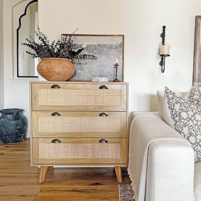 PHI VILLA Rattan Dresser - Nightstand with Drawer Boho Small Cabinet 3 Drawer Dresser, Bedside Table