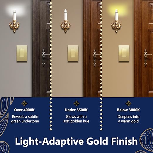 LIDER Minimalist Design Matte Finish Lighted Decorator Switch with Screwless Wall Plate, Frameless Paddle Light Switch with Locator Light, Single Pole, Grounding Screw, 15A 125V, UL Listed, Gold