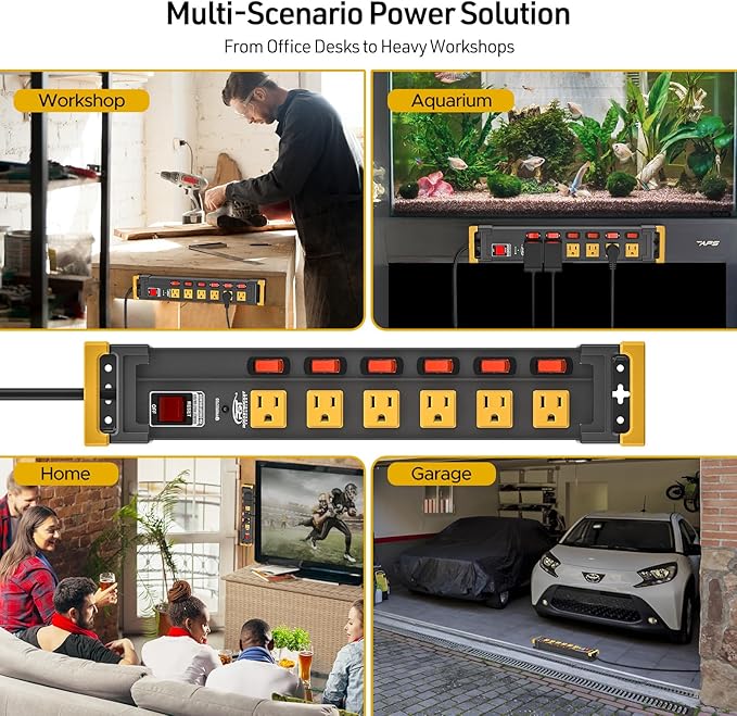 CRST 6 Outlets Heavy Duty Metal Power Strip with Individual Switches, 15A/1875W 1020Joules Surge Protector Power Strip with Cord Manager for Garage, Shop, Workspace, Home, Office, School. 6FT Cord