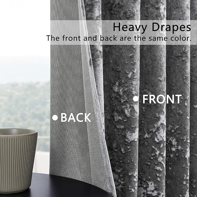 SMILETIME Grey Crushed Velvet Curtains 52x96 inch Luxurious Thermal Insulated Soundproof Drapes for Living Room Bedroom Office Soft and Durable Light-Filtering Window Treatments, 2 Panels