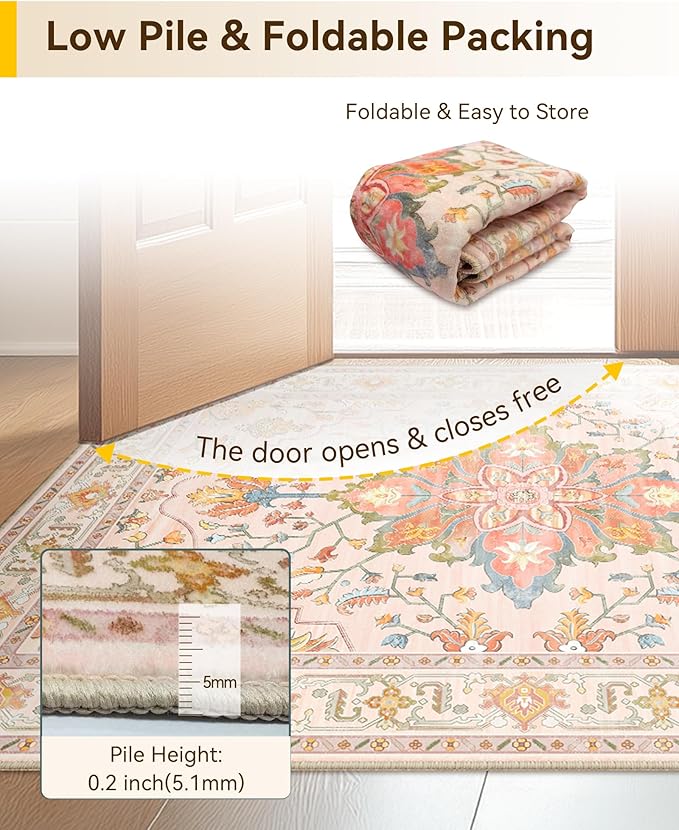Area Rugs 4'x6' Washable Non-Slip, Floral Vintage Distress Print Pattern Medallion Carpet for Living Room Bedroom Dining Room, Light Pink Colorful