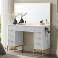 T4TREAM 48" Fluted Makeup Vanity Desk with 48" Large Mirror and HD LED Lights, Modern Vanity Table with 9 Drawers & Charging Station, Glass Top and Golden Handles Dressing Table for Bedroom, White