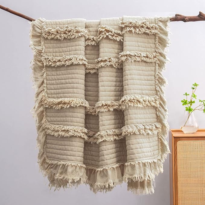 Ultra Soft Pre-Washed Quilted Boho Beige Twin Size Blankets for Bed, Ruffle Fringed Decorative Throw, Stone Washed Chic Rustic Blanket for Sofa Couch Bed, 60"*80"