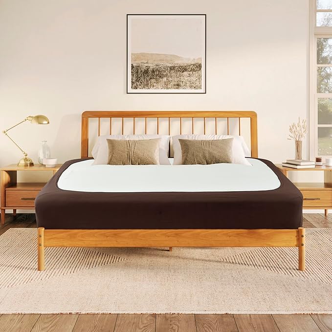 Biscaynebay Decorative Box Spring Cover Full & Full XL Size, Brown Jersey Luxurious Jersey Knitting Stretchy Wrap Around 4 Sides Bed Skirt for Home/Hotels, Easy Fit Wrinkle Free Machine Washable
