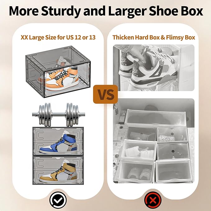 12 Pack XX Large Shoe Organizer, Heavy-Duty Hard Thicken Plastic Clear Stackable Shoe Storage Box Organizer for Closet, Space-Saving Shoe Rack Display Case Bin Containers for Sneakers, Grey