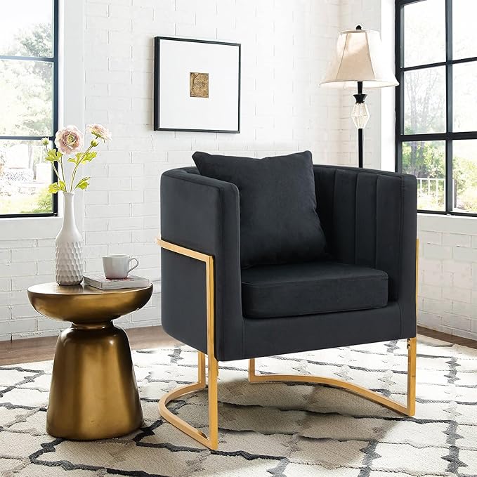 Velvet Modern Accent Chair, Upholstered Barrel Armchair Mid Century with Pillow for Living Room, Comfy Single Vanity Chair with Metal Gold Legs for Bedroom, Black