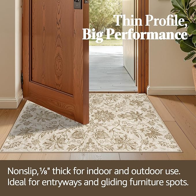 jinchan Torino Classic Floral Round Rug 5ft, Vintage-Inspired Neutral Design 5’Circle Rug, Machine Washable Ultra-Thin Low-Pile Non-Slip Indoor Carpet for Bedroom Living Room Entryway Taupe