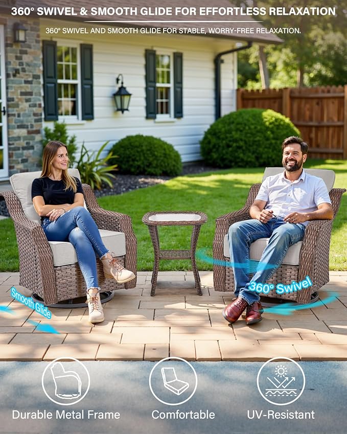 Belord 6" Thick Cushion Outdoor Swivel Rocker Patio Chairs Set of 2, Wicker 3 Piece Patio Bistro Set with Side Table and Comfort High Back Outdoor Patio Glider Chair - Brown Wicker/Beige Cushion