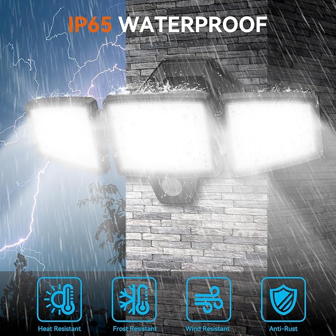 PURICH LED Security Lights Motion Sensor Outdoor Lights, 5000K Daylight, IP65 Waterproof, Dusk to Dawn, 3-Head Motion Detected Flood Light for Garage, Yard, Porch