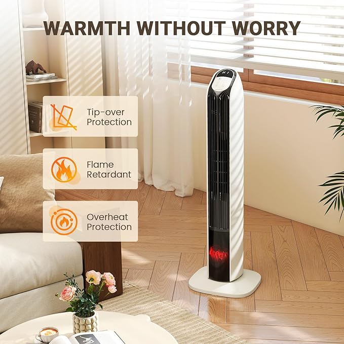 Zynkez 33" Space Heaters for Indoor Use Large Room, 1500W PTC Tower Fireplace Heater with 3D Flame, Room Heater w/Remote Control,12H Timer & Oscillation, Portable Electric Heaters for Bedroom, Beige