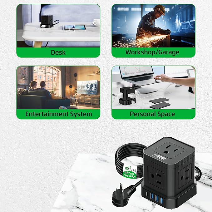 Cube Power Strips with Surge Protection, 10ft Extension Cord with Multiple Outlets, 5 AC Plugs, 3 USB, 1 Usbc Fast Charging Power Strip with USB Ports, Mountable On/Off Switch Charging Station