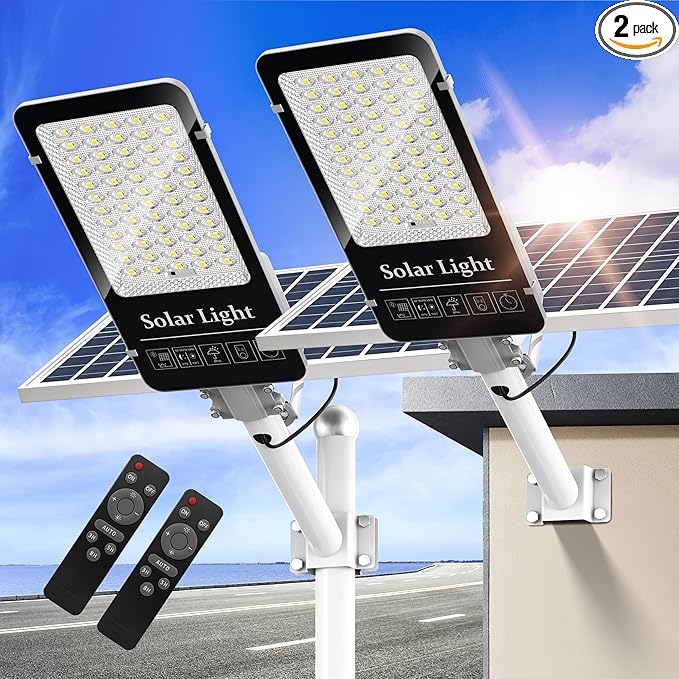OKPRO 10000W Solar Street Light, Super Bright LED Beads Solar Lights Outdoor Waterproof IP66, Parking Lot Light Commercial Dusk to Dawn,Flood Light with Remote Control for Yard, Driveway(2Pack)