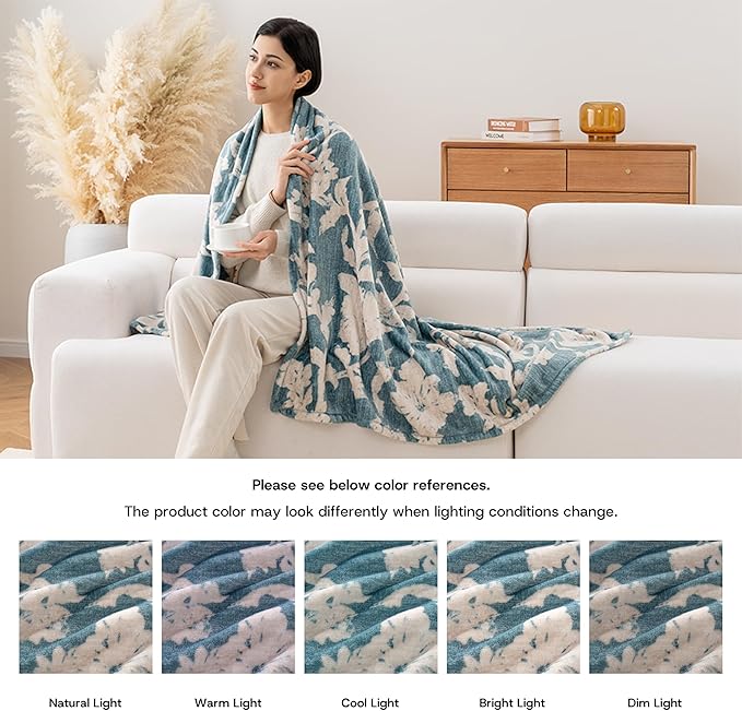 Luxury Printed Fleece Warm Blanket, Soft Lightweight Velvety Plush Throw for Couch and Bed, Cozy Comfy for All Seasons(Blue Floral Silhouette, 108×90 Inches)